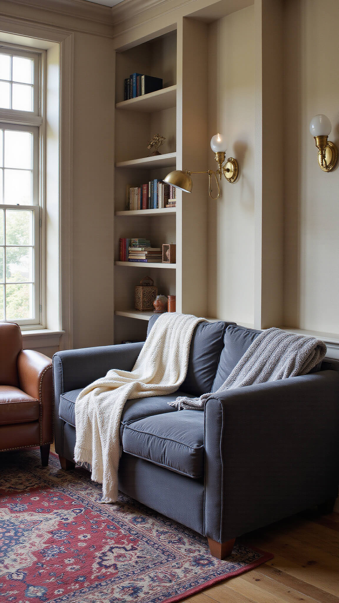 Cozy 14x16ft reading nook with charcoal loveseat, vintage leather armchair, cream and gray throws, brass lamp, wall sconces, built-in bookcases, and Persian rug in warm afternoon light.