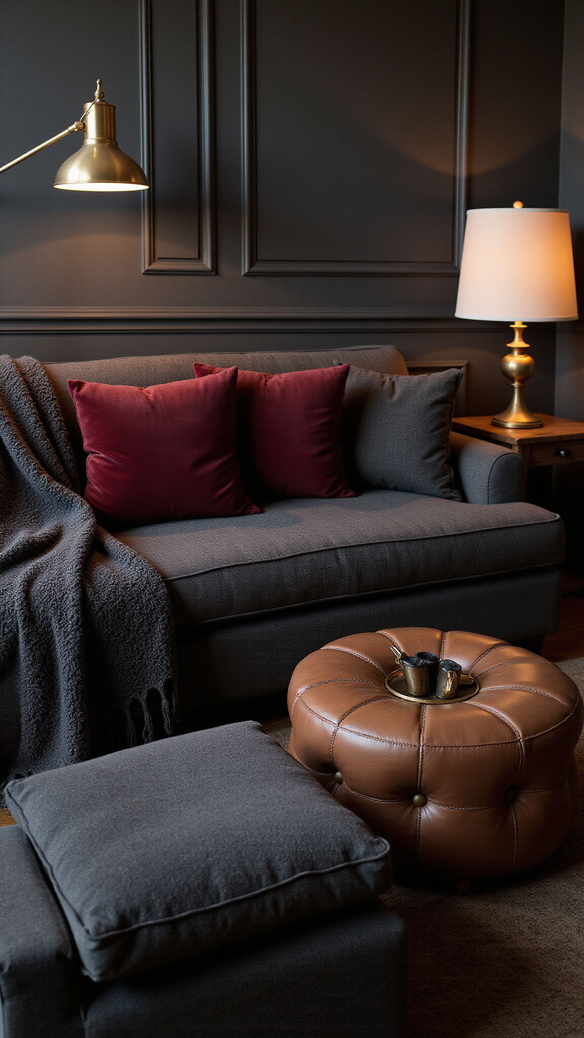 Moody winter evening living room with a deep charcoal sofa, burgundy velvet pillows, wool throws, brass floor lamps, dark wood accents, leather details, and sparkling crystal accessories.