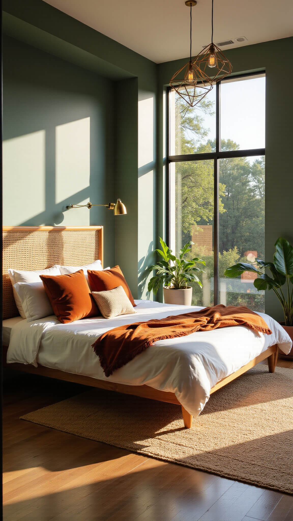 Modern tropical bedroom with sage green walls, king-sized bed, rattan headboard, terracotta accents, and golden afternoon light through floor-to-ceiling windows.