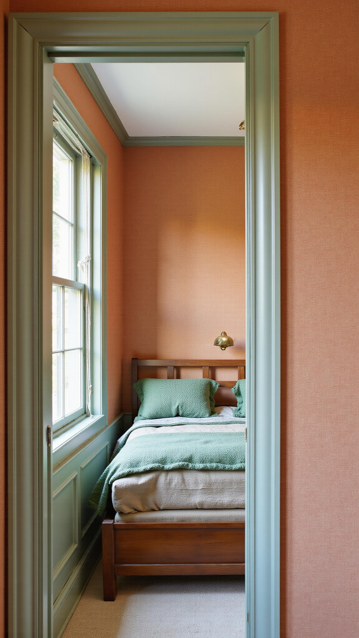 Cozy 10x12ft guest bedroom with terracotta grasscloth walls, sage green trim, mid-century modern wood furniture, layered green and terra bedding, and soft morning light.