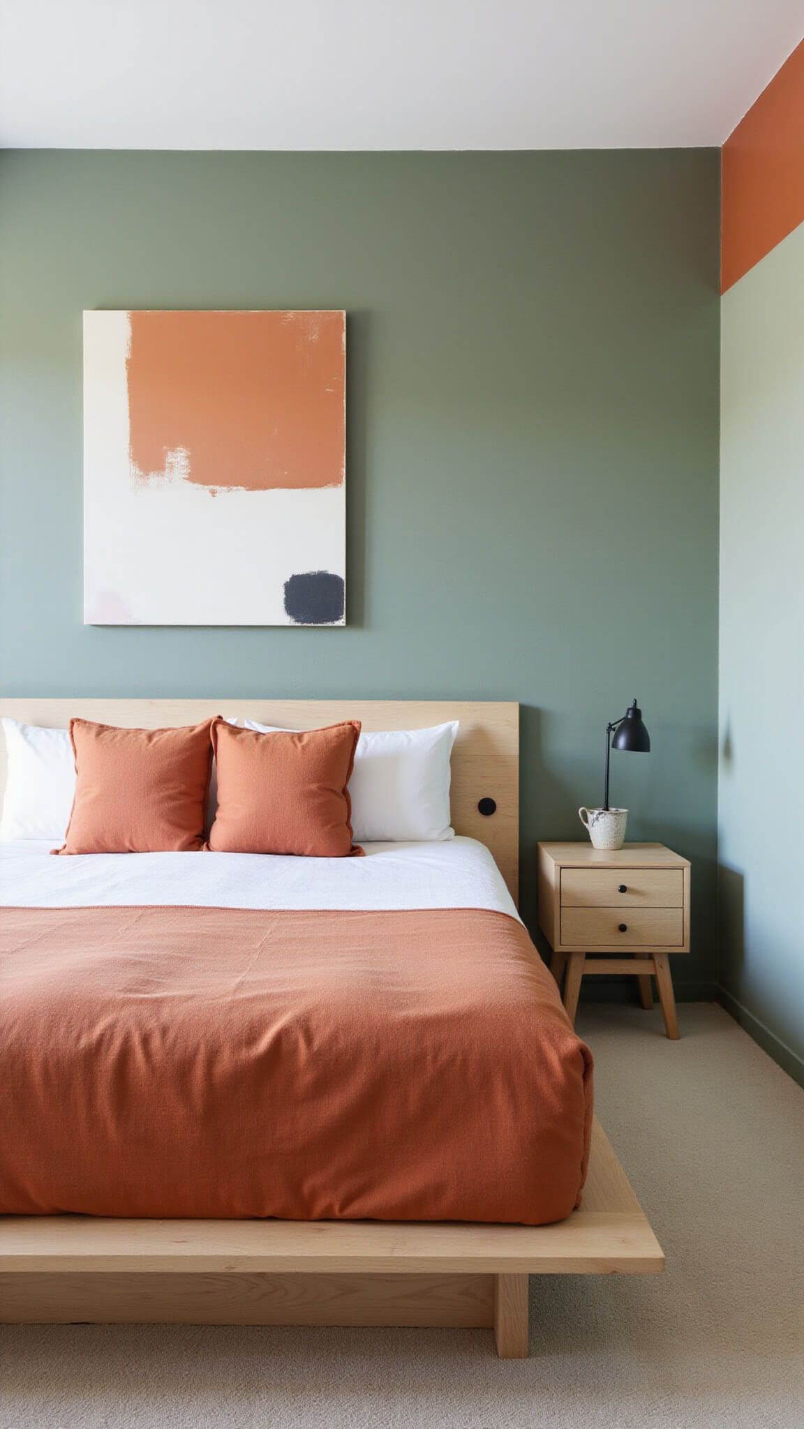 Scandinavian modern bedroom with sage green venetian plaster walls, terracotta accents, minimalist bleached oak platform bed, and abstract artwork, lit by midday natural light.