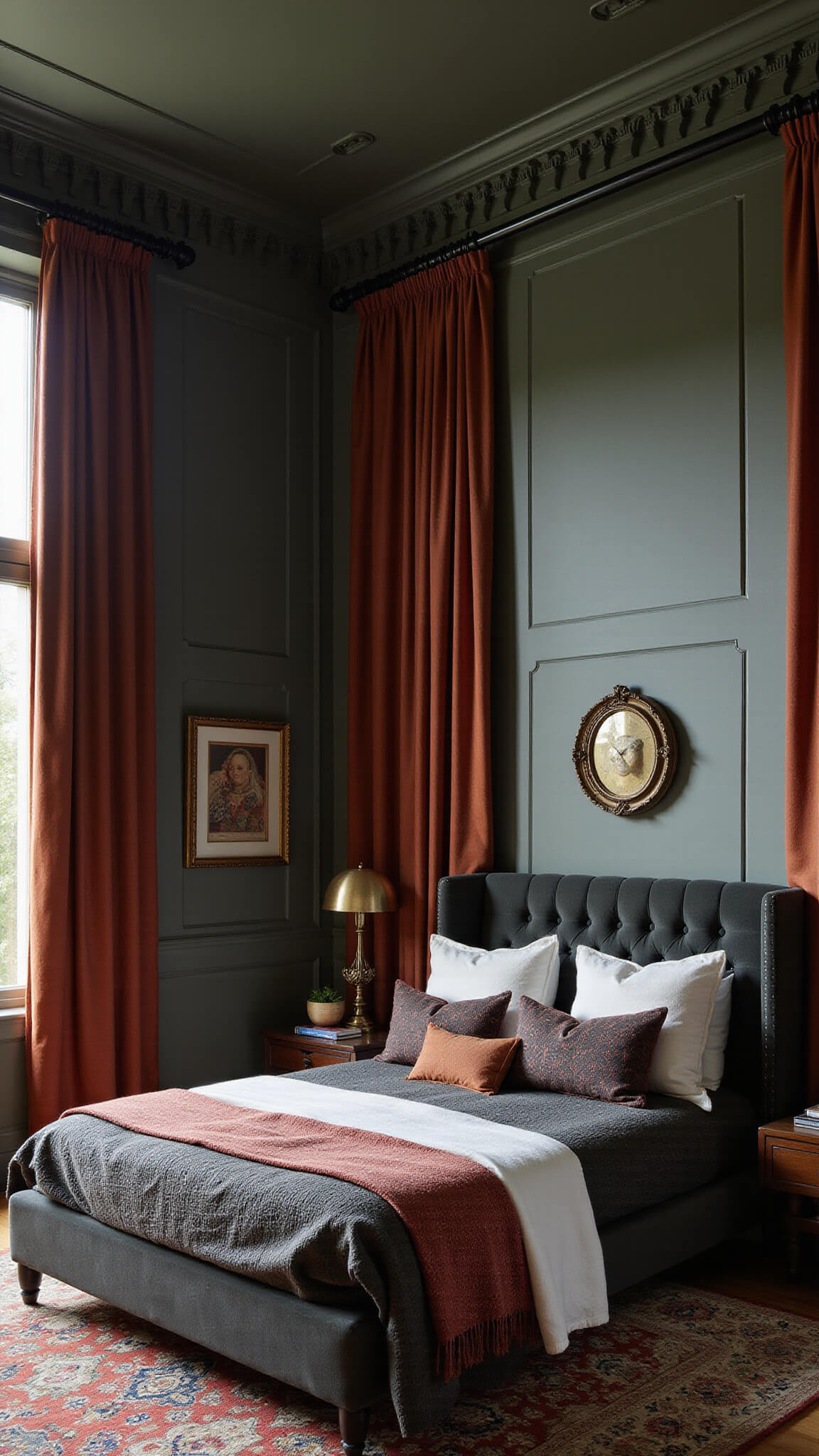 Moody 13x14ft bedroom at dusk with dark sage walls, terracotta silk drapes, tufted velvet headboard, mixed metallic accents, layered textiles, and vintage Persian rug; low-angle view highlighting ceiling height and dramatic side lighting in Luxe Industrial style.
