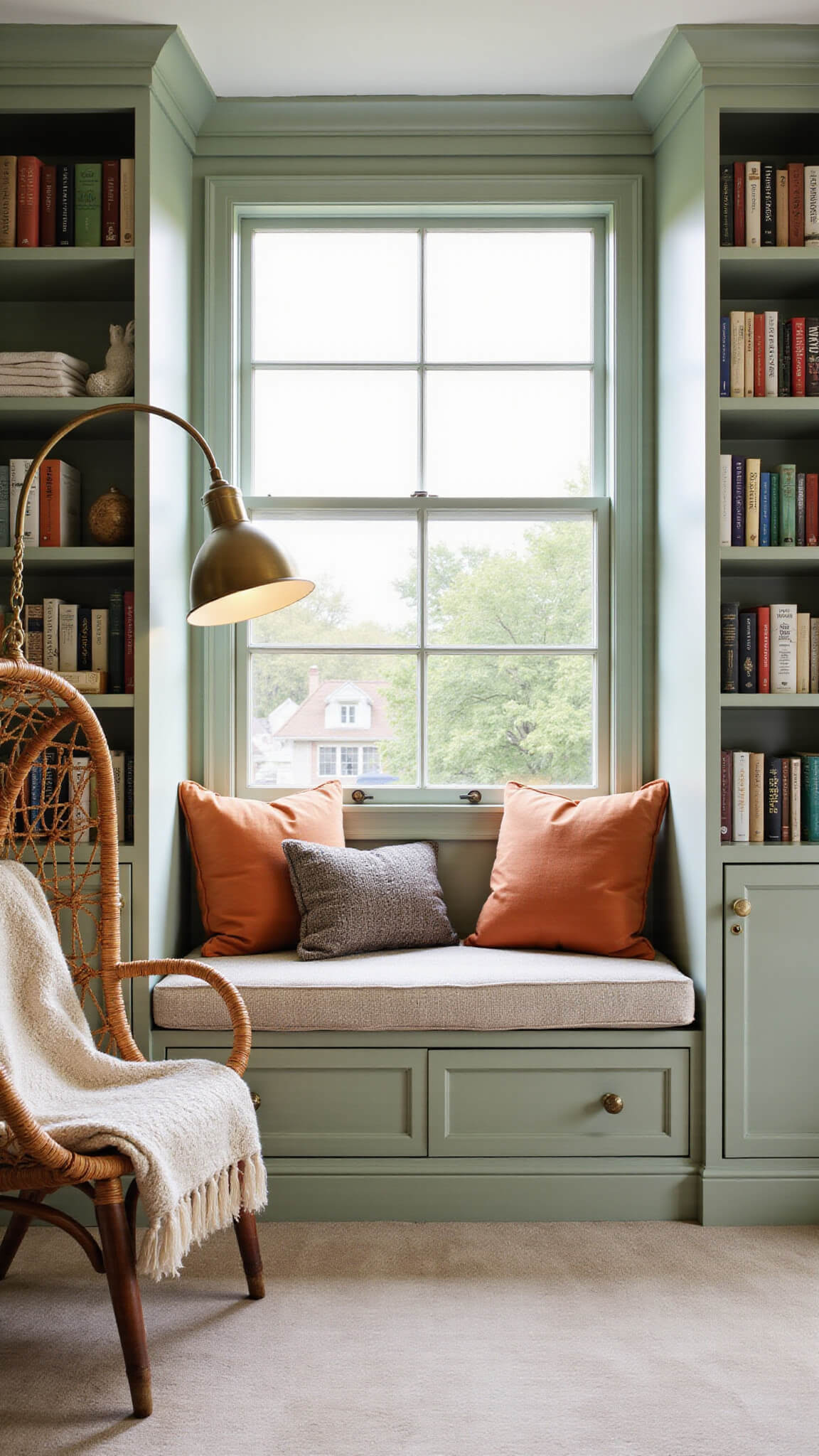 Cozy sage green window seat with terracotta cushions, framed by tall bookshelves, rattan hanging chair, brass reading lamp, and soft morning light in a California Casual bedroom corner.