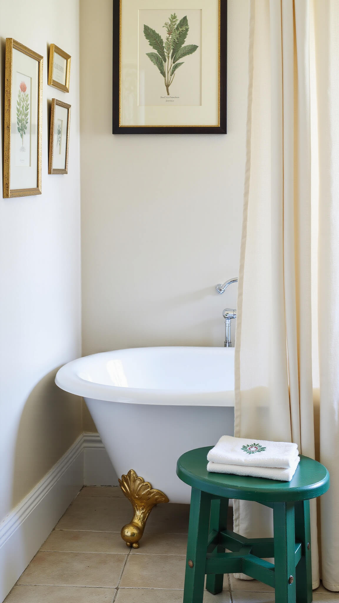 Cozy bathroom corner with emerald garden stool, clawfoot tub, monogrammed ivory shower curtain, and botanical prints in morning light.