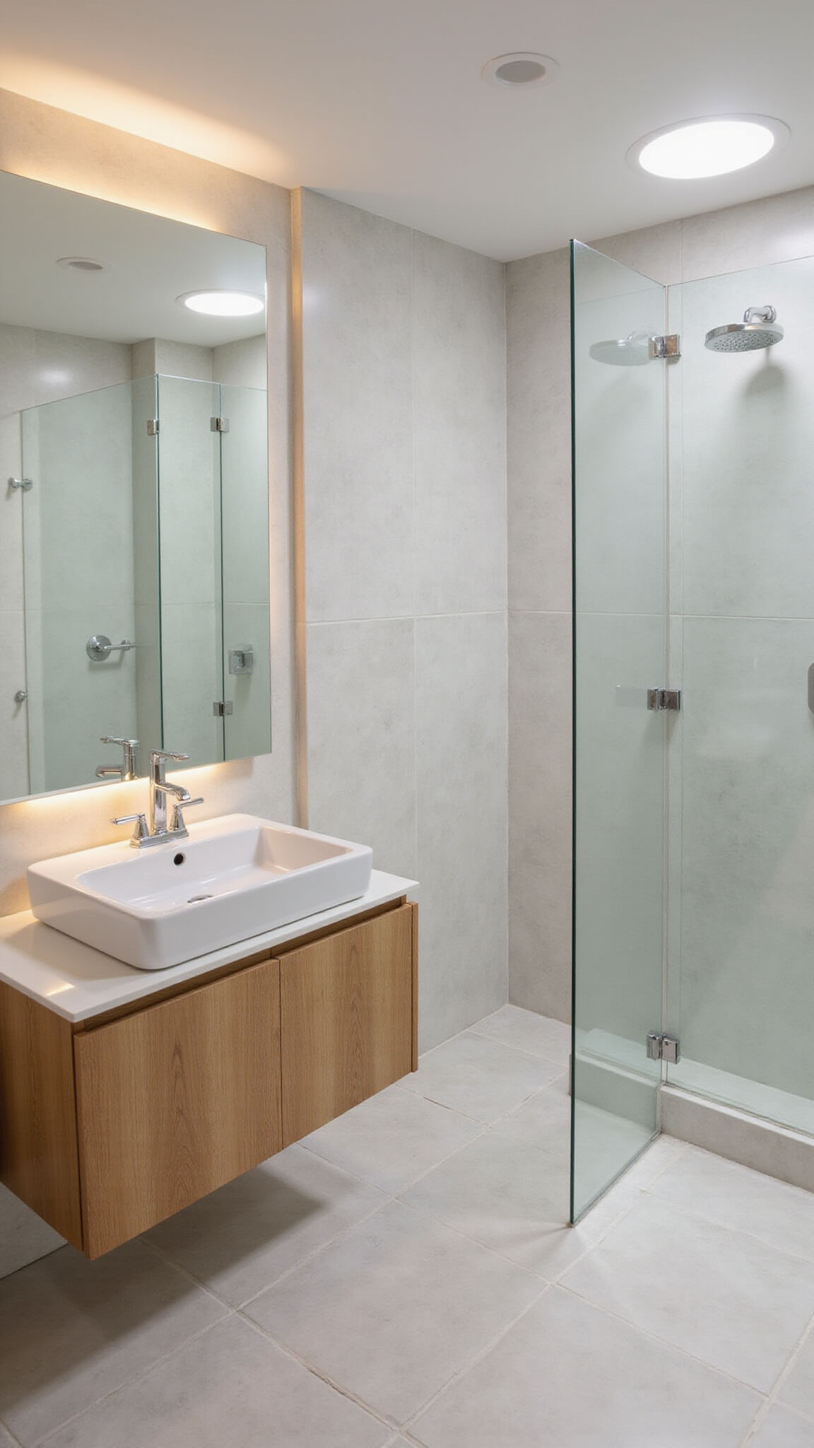 Minimalist bathroom with floating bleached oak vanity, marble-look tiles, LED ambient lighting, and frameless glass shower viewed from above.