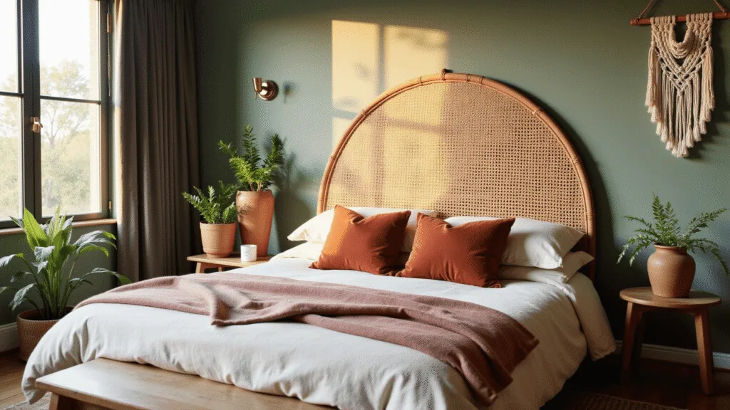"Bohemian-modern bedroom with sage green walls, terracotta velvet pillows, rattan headboard, and golden hour sunlight streaming through windows."
