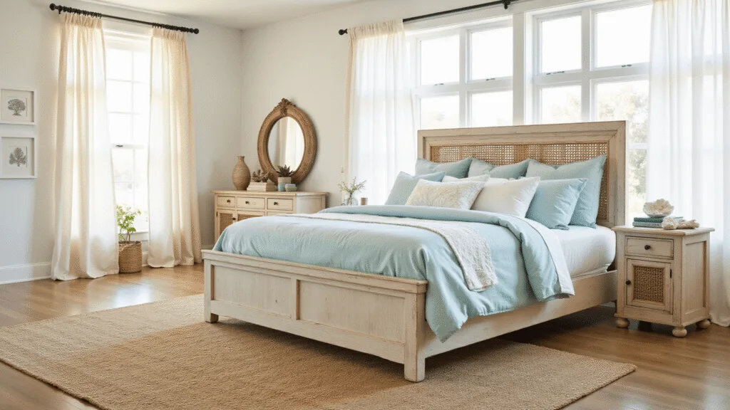 "Serene coastal bedroom with a whitewashed bed, sea glass blue and white linens, rattan nightstands, and coastal accents under filtered sunlight"