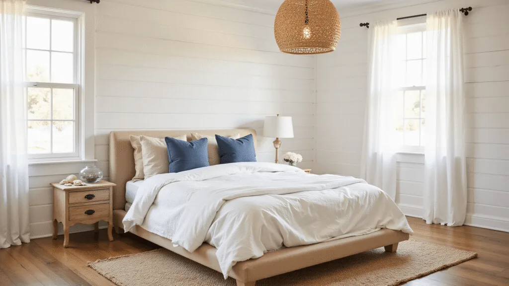 "Coastal bedroom with white shiplap walls, linen bedding, rattan accents, and seashells, bathed in golden hour sunlight for a serene beach vibe"