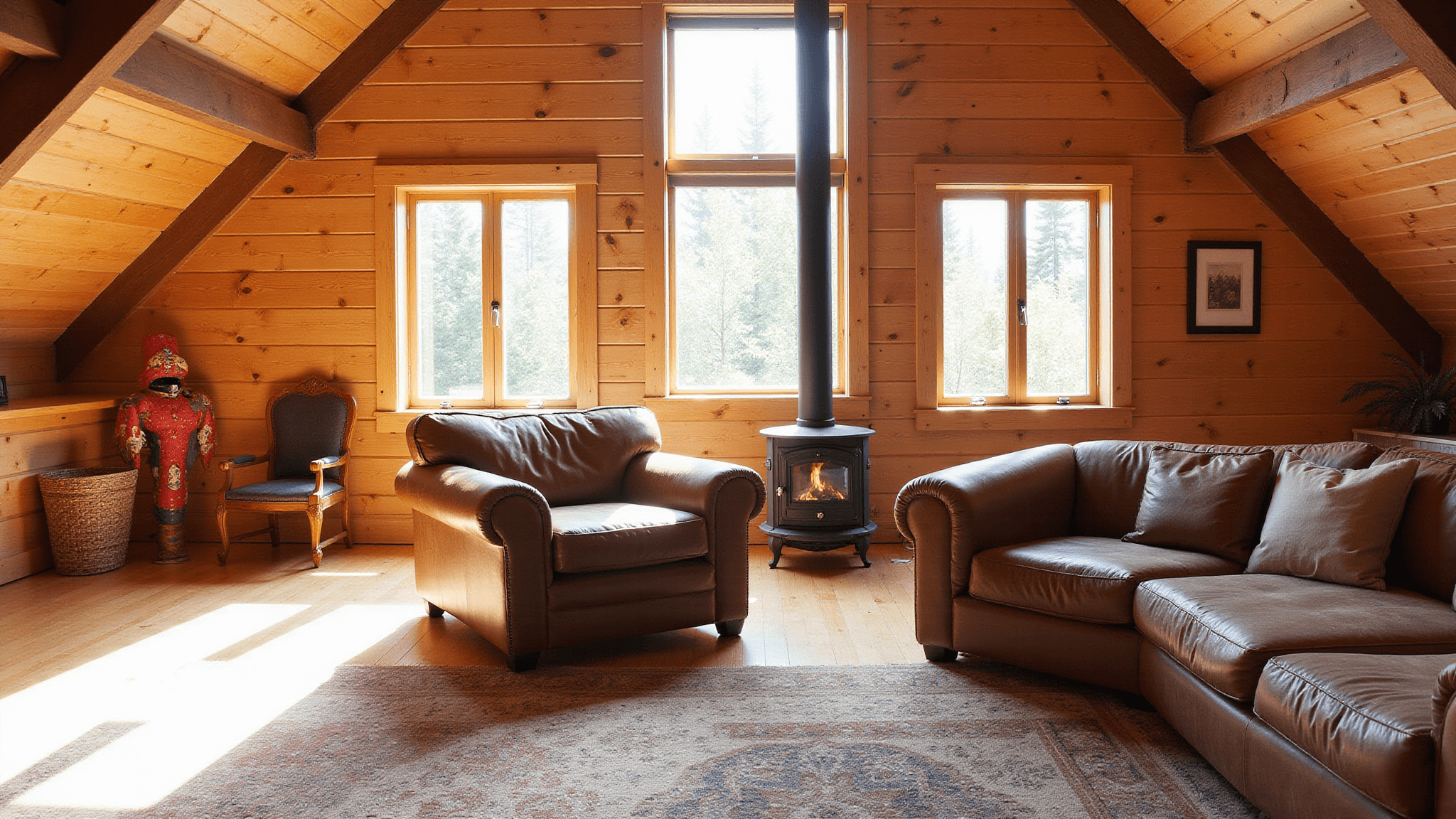 "Cozy cabin loft interior with exposed wooden beams, a leather armchair, a woodstove and warm timber walls. Natural sunlight is streaming through the windows, creating a rustic atmosphere."