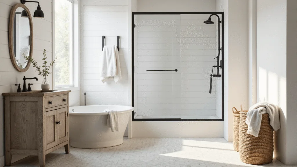 "Farmhouse bathroom with white shiplap walls, tub-shower combo, rustic wood vanity, and black fixtures with morning sunlight streaming through frosted window"