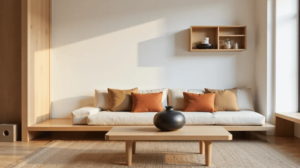 "Serene Japandi style living room with oak platform sofa, oatmeal cushions, black ceramic vessel on wooden coffee table, jute rug, matte white walls, floating wood shelves featuring Ikebana and warm golden hour lighting."