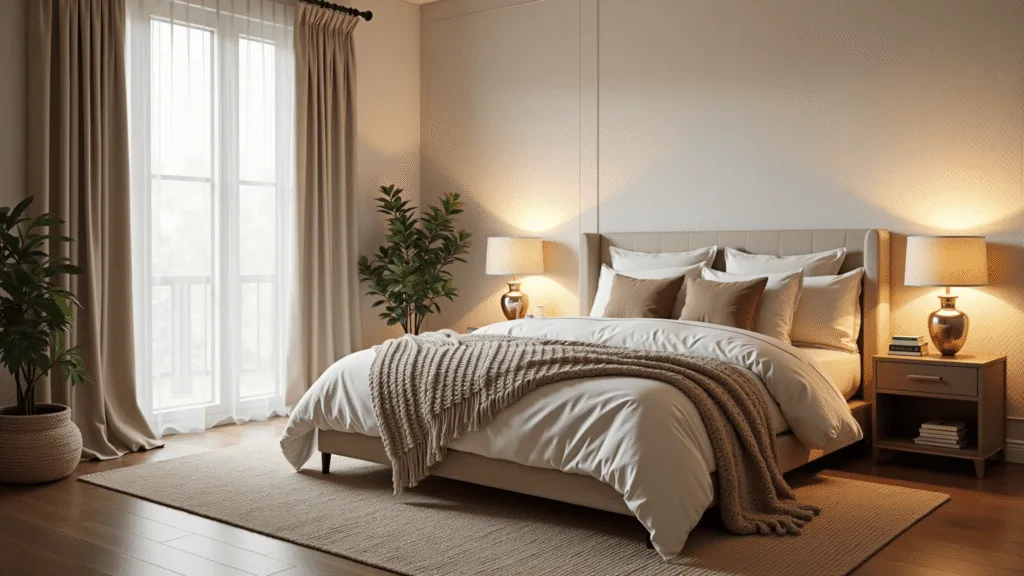 "Luxurious beige bedroom with textured layers, warm lighting, brass accents, and natural elements."