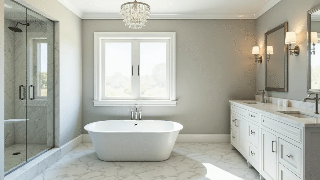 "Luxurious transitional bathroom with white oval soaking tub, Carrara marble floors, and double Shaker vanity"