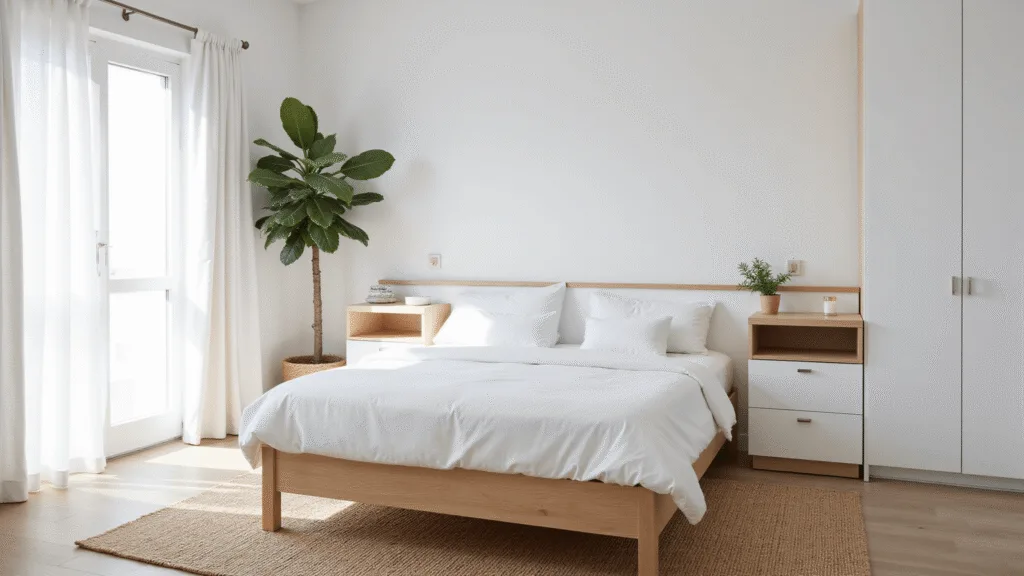 "Minimalist bright bedroom corner with queen bed, white linens, oak nightstands, sheer curtains, jute rug, and a potted fiddle leaf fig in morning light"