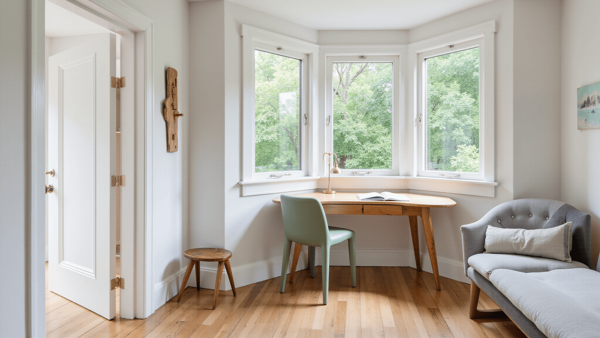 "Modern backyard studio featuring floor-to-ceiling windows, a wooden desk, and a sage green chair in a minimalist interior design"