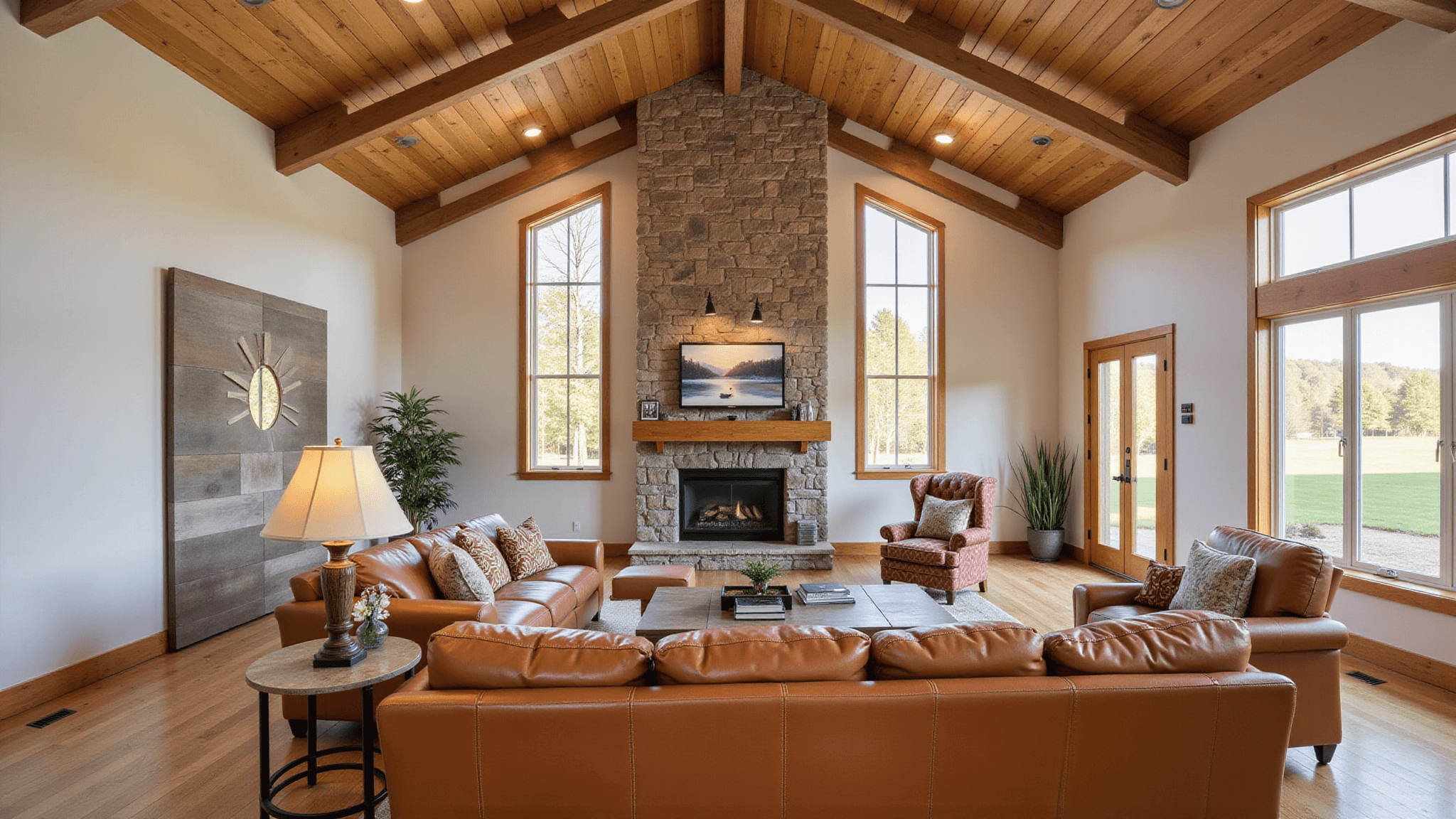 "Great room in a modern barn house with soaring ceiling, exposed wooden beams, stone fireplace, floor-to-ceiling windows, and cognac leather sectional, basked in the golden hour warm lighting."