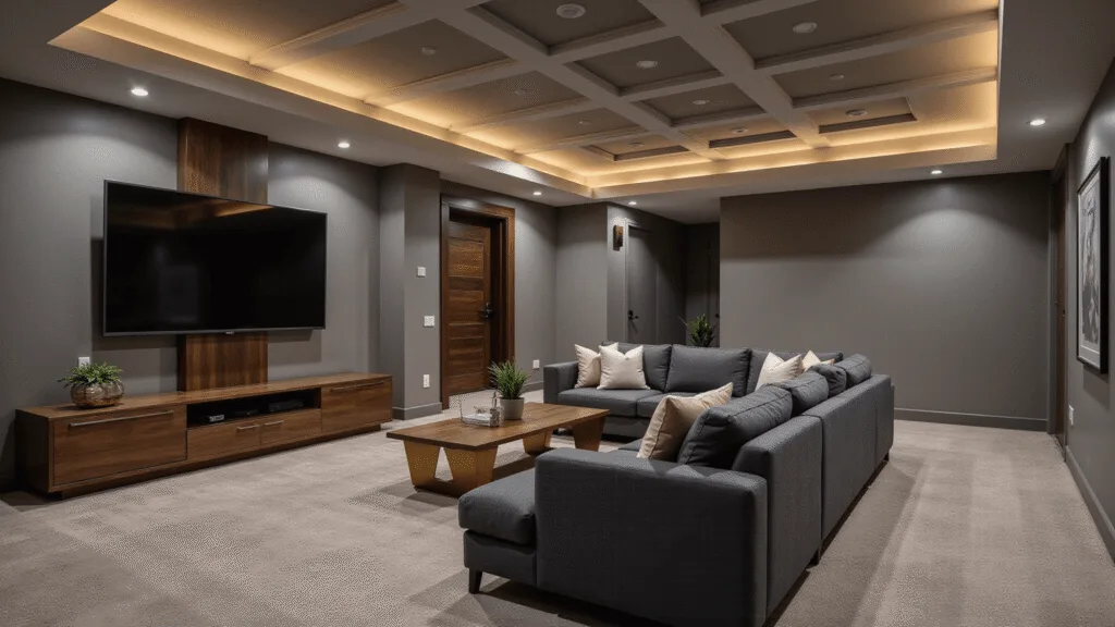 "Modern basement with charcoal sectional, walnut media console, brass accents, ambient LED lighting, and coffered ceilings"