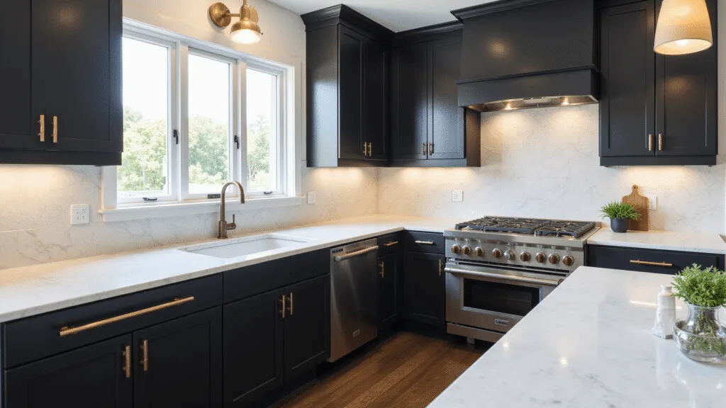 "Modern kitchen with matte black cabinets, white marble countertops, brass hardware, and natural light streaming through the windows"