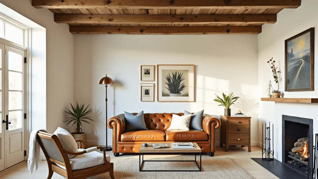 "Vintage modern farmhouse living room with a cognac leather Chesterfield sofa, whitewashed walls, weathered wood beams, brass accents, capturing natural light during golden hour"