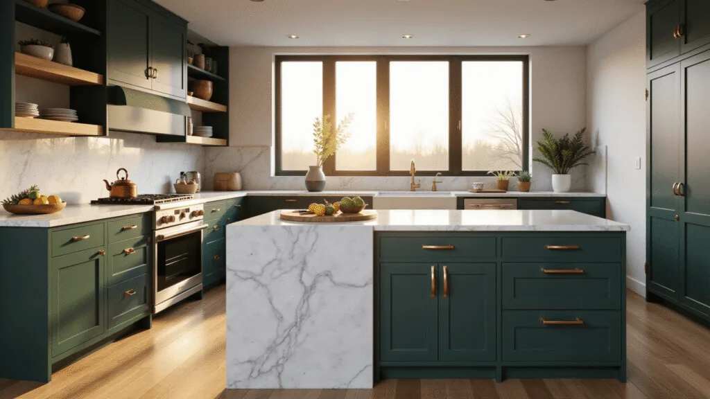 "Modern hunter green kitchen with brass hardware, marble waterfall island, and golden sunlight."