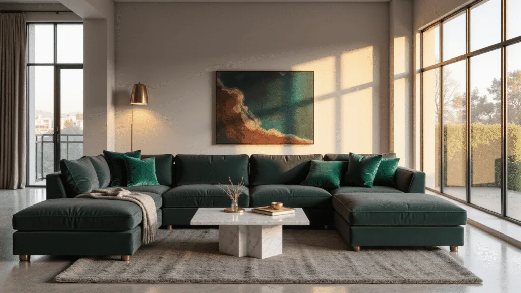 "Modern luxury living room with dark grey L-sectional sofa, emerald green accents, and warm sunlight during golden hour in 8K quality rendering"
