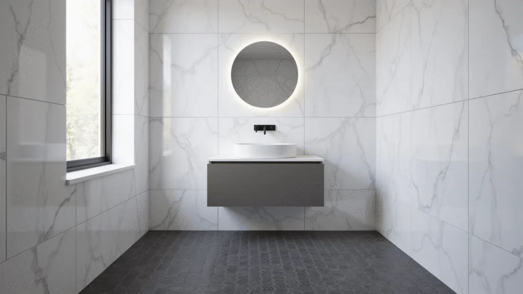 "Modern luxury bathroom with marble wall tiles, hexagonal floor tiles, and a backlit round mirror"
