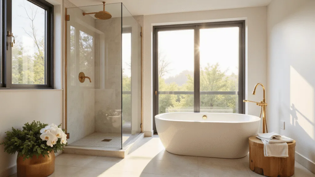 "Modern luxury bathroom with marble tub, frameless glass shower, and organic decor bathed in golden hour light"