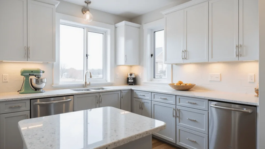 "Modern minimalist kitchen with white and gray cabinets, quartz countertops, and sage accents in morning light"