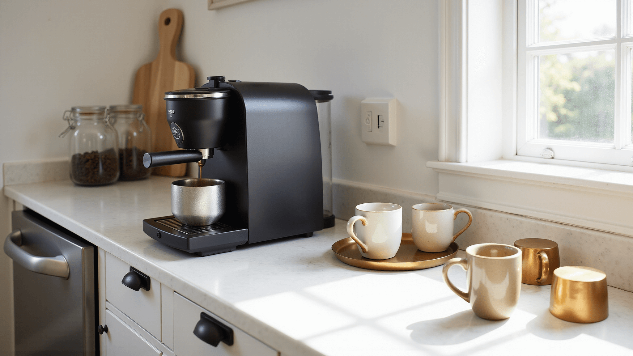 "Modern minimalist coffee bar with Moccamaster, glass canisters, ceramic mugs, and brass tray on a white quartz countertop in morning sunlight"