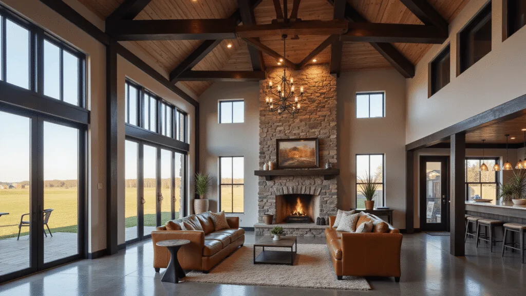 "Rustic modern barndominium interior with high ceilings, large windows, stone fireplace and cognac leather furniture, showcasing a blend of industrial and rustic décor"
