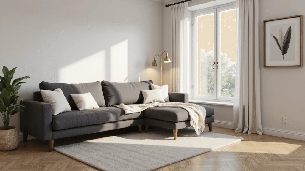"Contemporary living room with sunlit charcoal gray sofa, cream linen cushions, brass floor lamp, oak herringbone flooring and white walls"
