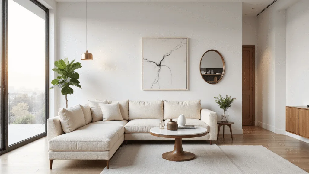 "Modern minimalist living room with cream sofa, brass lighting, oak shelves, abstract art, and a potted fiddle leaf fig in sunlit interior"