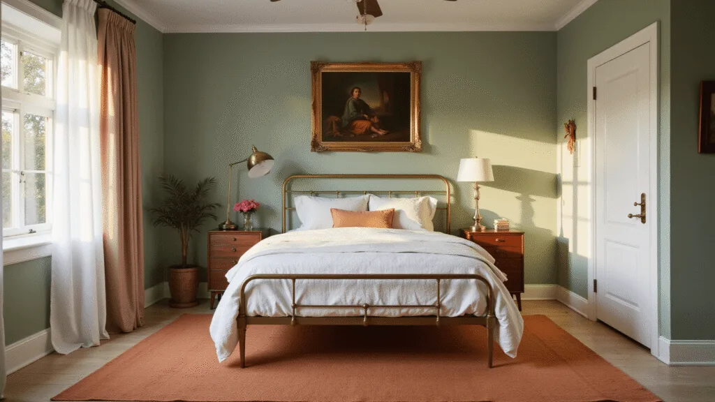 "Cozy modern vintage bedroom with sage walls, brass bed, terracotta rug, historical painting and natural sunlight"