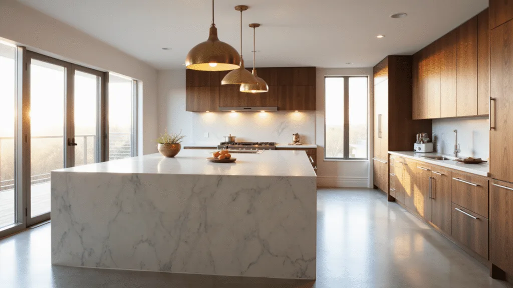 "Modern kitchen featuring walnut cabinets, white quartz waterfall island, brass pendant lights, and floor-to-ceiling windows allowing morning sunlight"