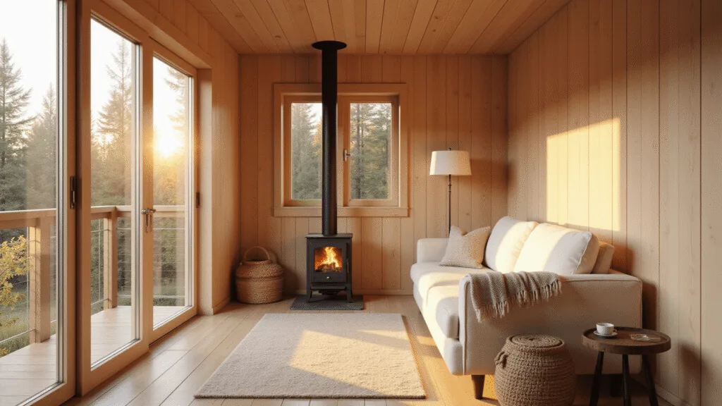 Cozy Nordic cabin interior with pine wood walls, cream sofa, wood stove, and large windows showcasing a forest view during golden hour.