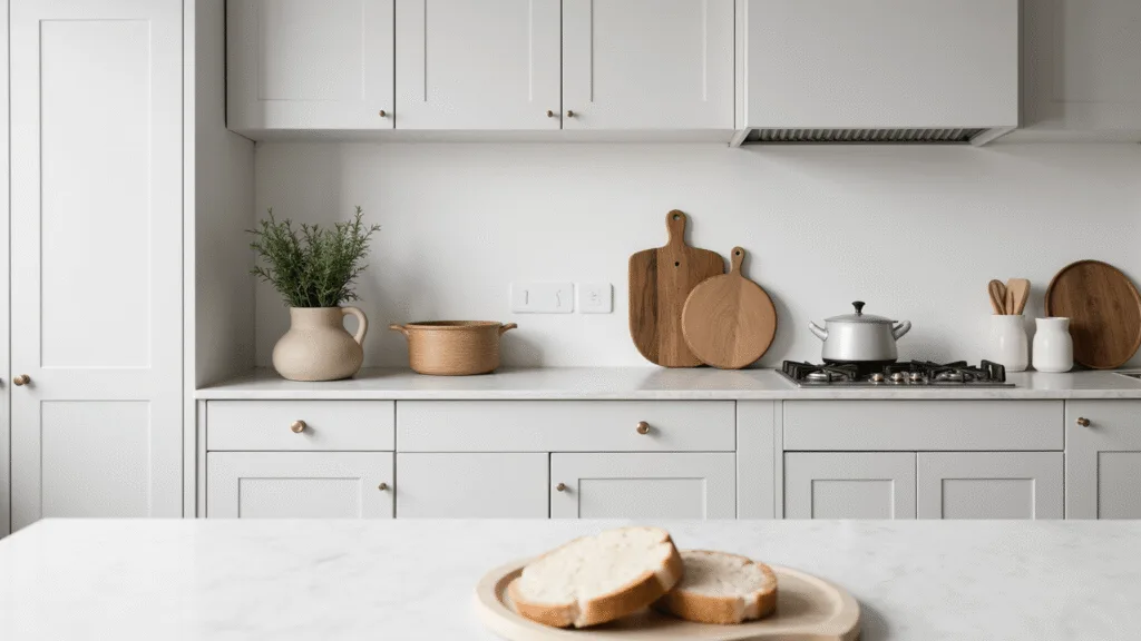 "Nordic style kitchen with white cabinets, marble countertops, and wooden accents in soft morning light"