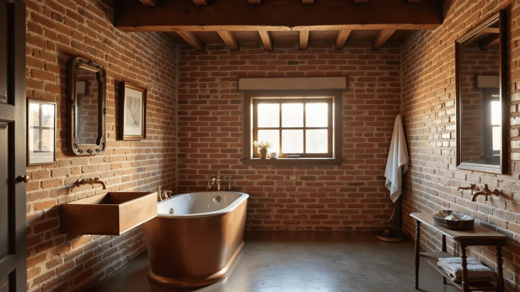 "Rustic barndominium bathroom with copper tub, exposed brick wall, wooden beams, brass fixtures, and soft golden light from window"