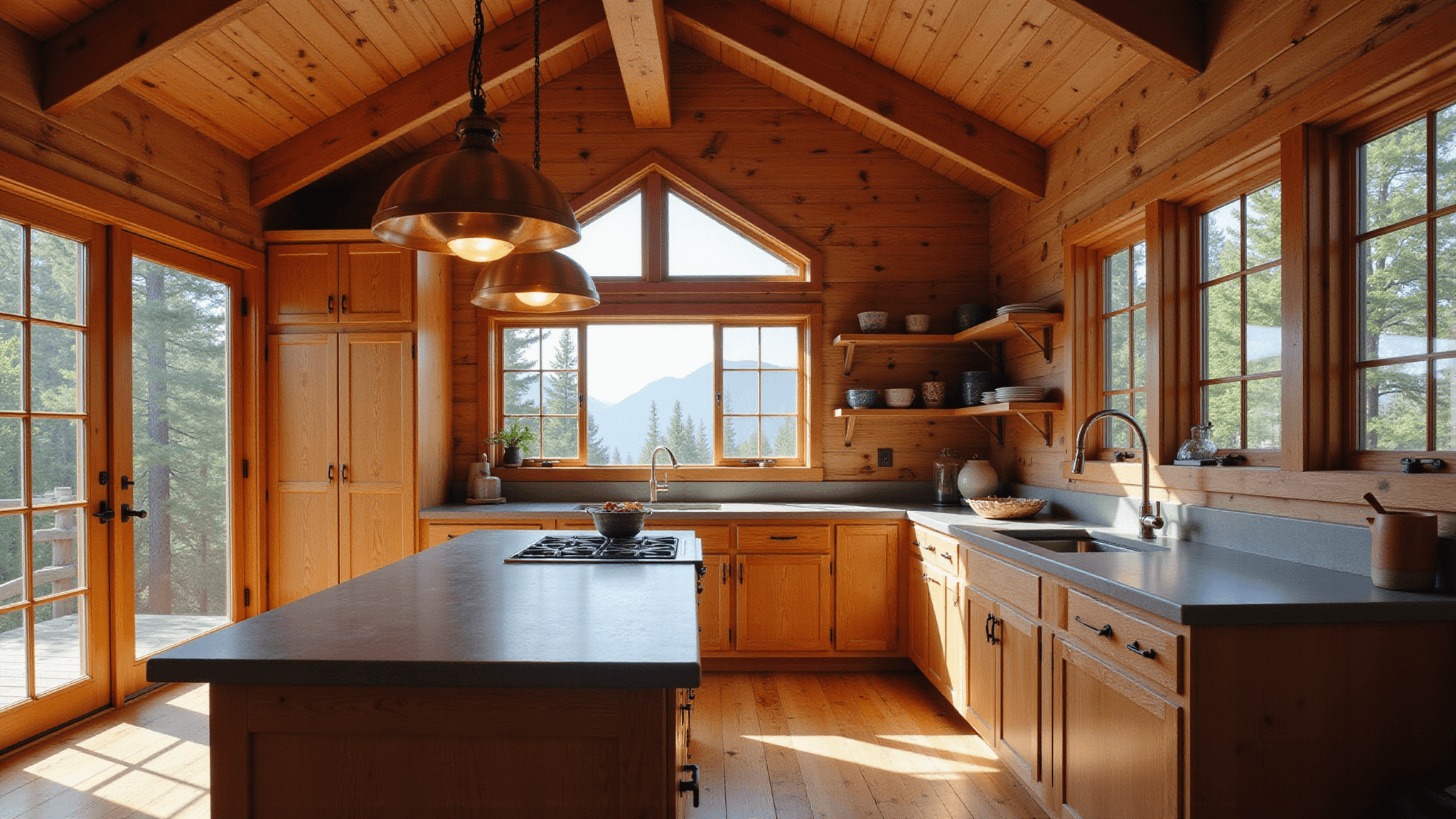 "Rustic cabin kitchen with fir wood cabinets, concrete island, copper pendant lights, earthenware on wooden shelves, distressed wood floors, and natural light from large windows with misty mountain view."