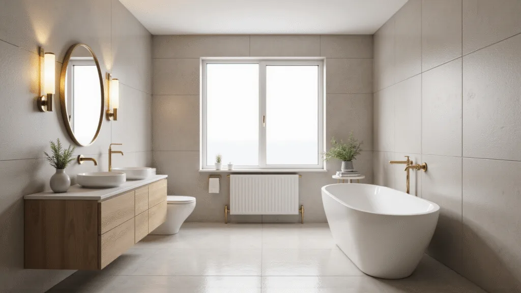 "Modern spa-like bathroom with white freestanding tub, oak vanity, brass fixtures, and natural light"