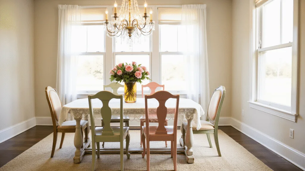 "Vintage farmhouse table with mismatched pastel chairs, crystal chandelier, and wild roses in shabby chic dining room with romantic atmosphere."