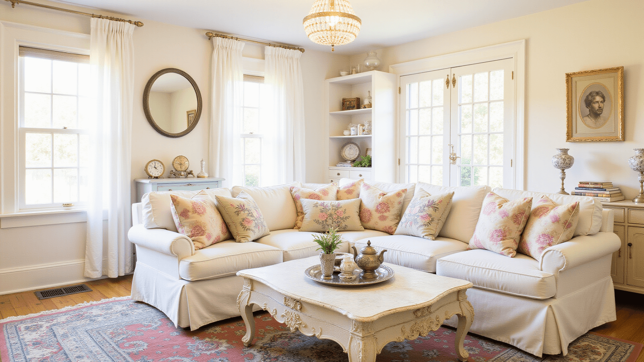 "Warm and dreamy vintage living room with white slipcovered sofa, French coffee table, silver tea set, crystal chandelier, floral throw pillows, layered vintage rugs in soft golden hour sunlight."