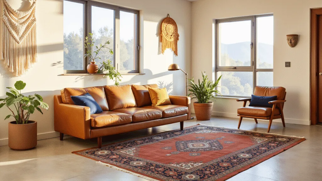 "Sunlit mid-century modern living room with cognac leather sofa, vintage rugs, and botanical decor in earthy color palette"