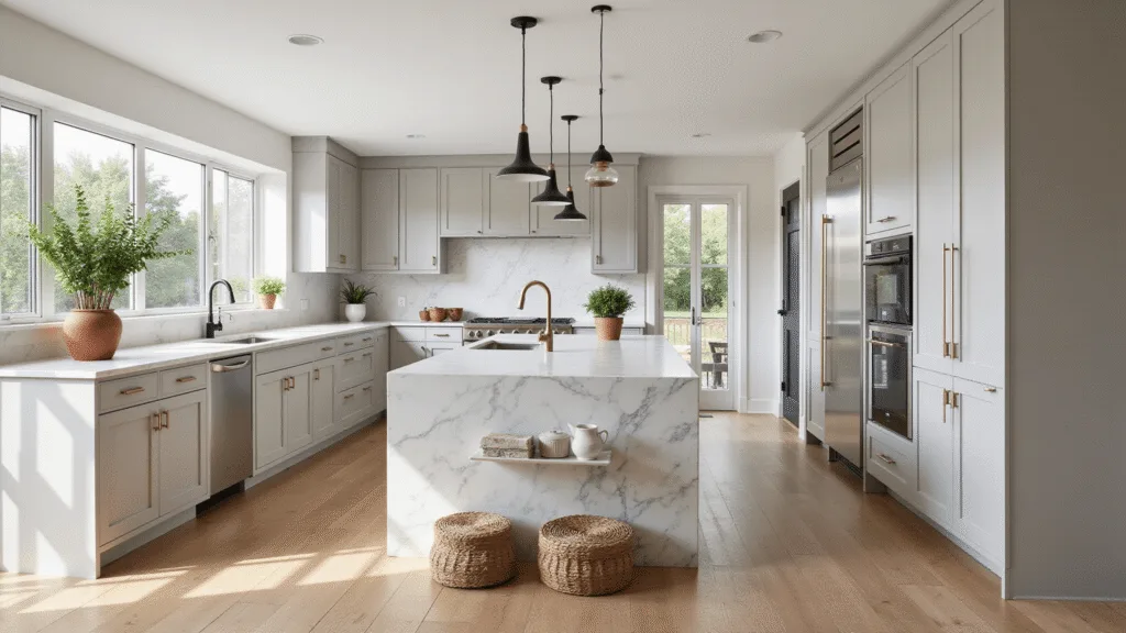 "Spacious, sunlit luxury kitchen with gray shaker cabinets, marble island, oak floors, and brass hardware, decorated with artisan ceramics and fresh herbs in pots."