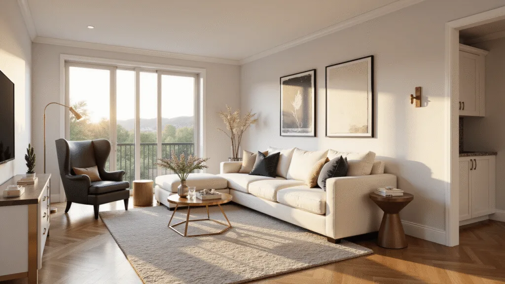 "Sophisticated transitional living room with cream sofa, charcoal wingback chair, brass and chrome accents and herringbone hardwood floors bathed in warm golden light"