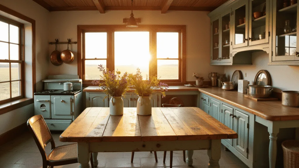 "1930s vintage farmhouse kitchen with mint-green stove, oak table with wildflowers, hanging copper pots, glass-front cabinets containing antique dishes, and butcher block countertops bathed in golden hour sunlight"