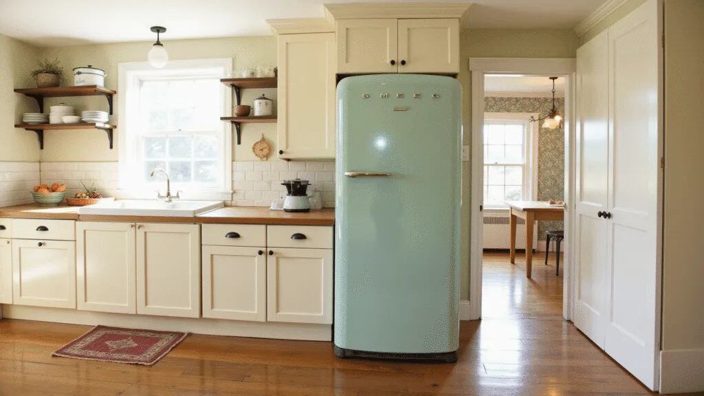 "Sunlit vintage farmhouse-style kitchen with mint Smeg fridge, cream cabinets, butcher block counters, open shelving filled with enamelware, and a warm nostalgic atmosphere"