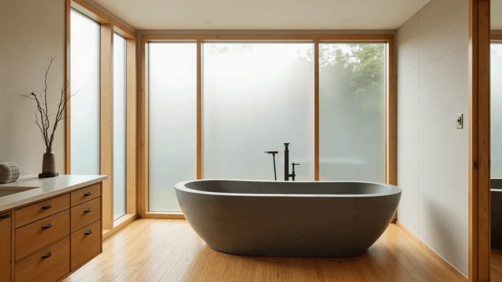 "Zen minimalist bathroom with stone soaking tub, bamboo flooring, and teak vanity in soft morning light"