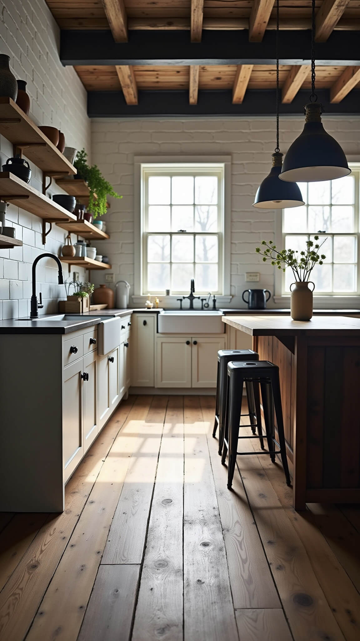 Industrial farmhouse kitchen with reclaimed oak floors, white farmhouse sink, weathered wood island, metal stools, and morning light streaming through factory windows.