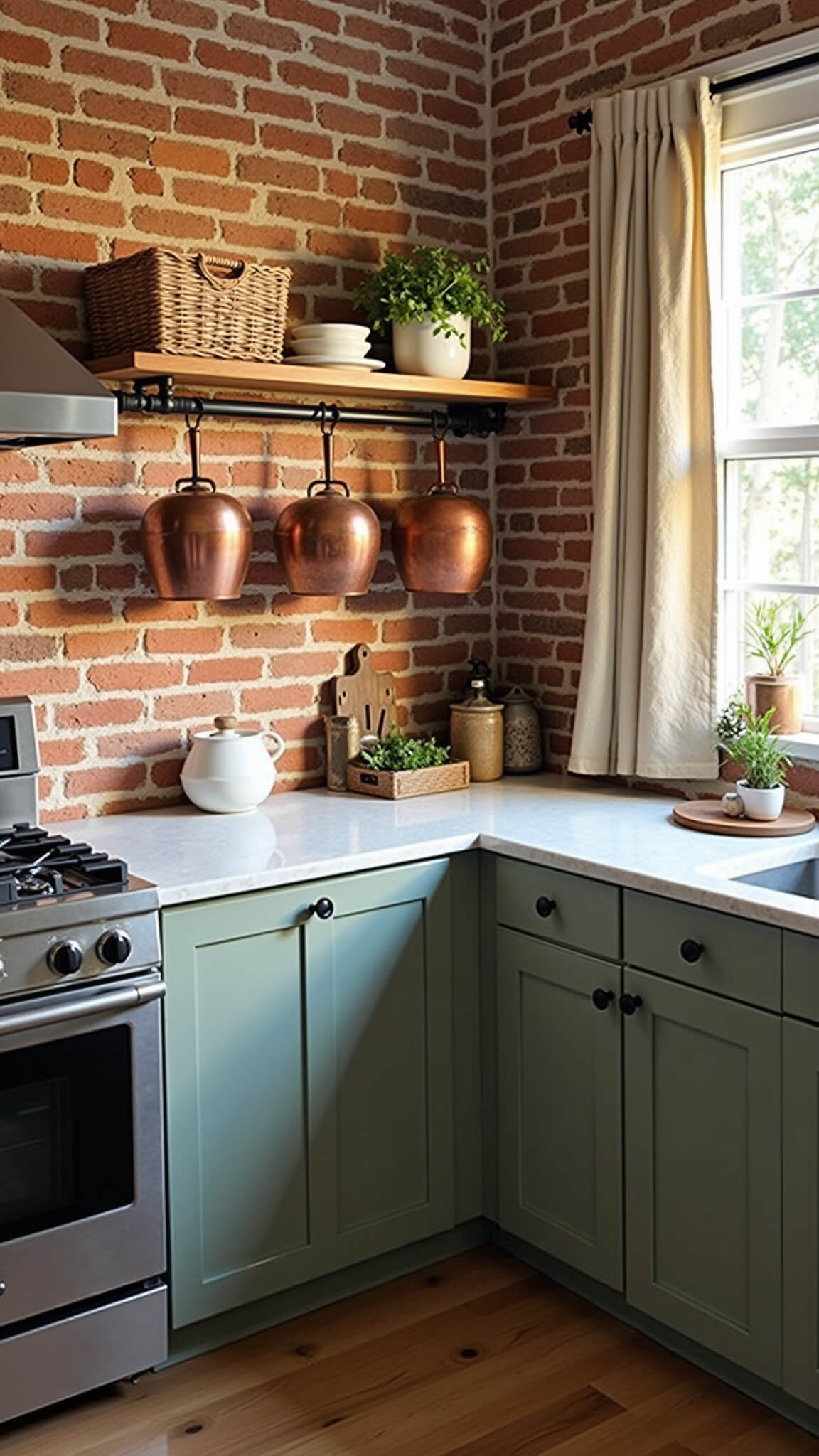 Cozy 10x12ft kitchen with sage cabinets, exposed brick wall, and copper pots above a pro range, bathed in golden hour light.