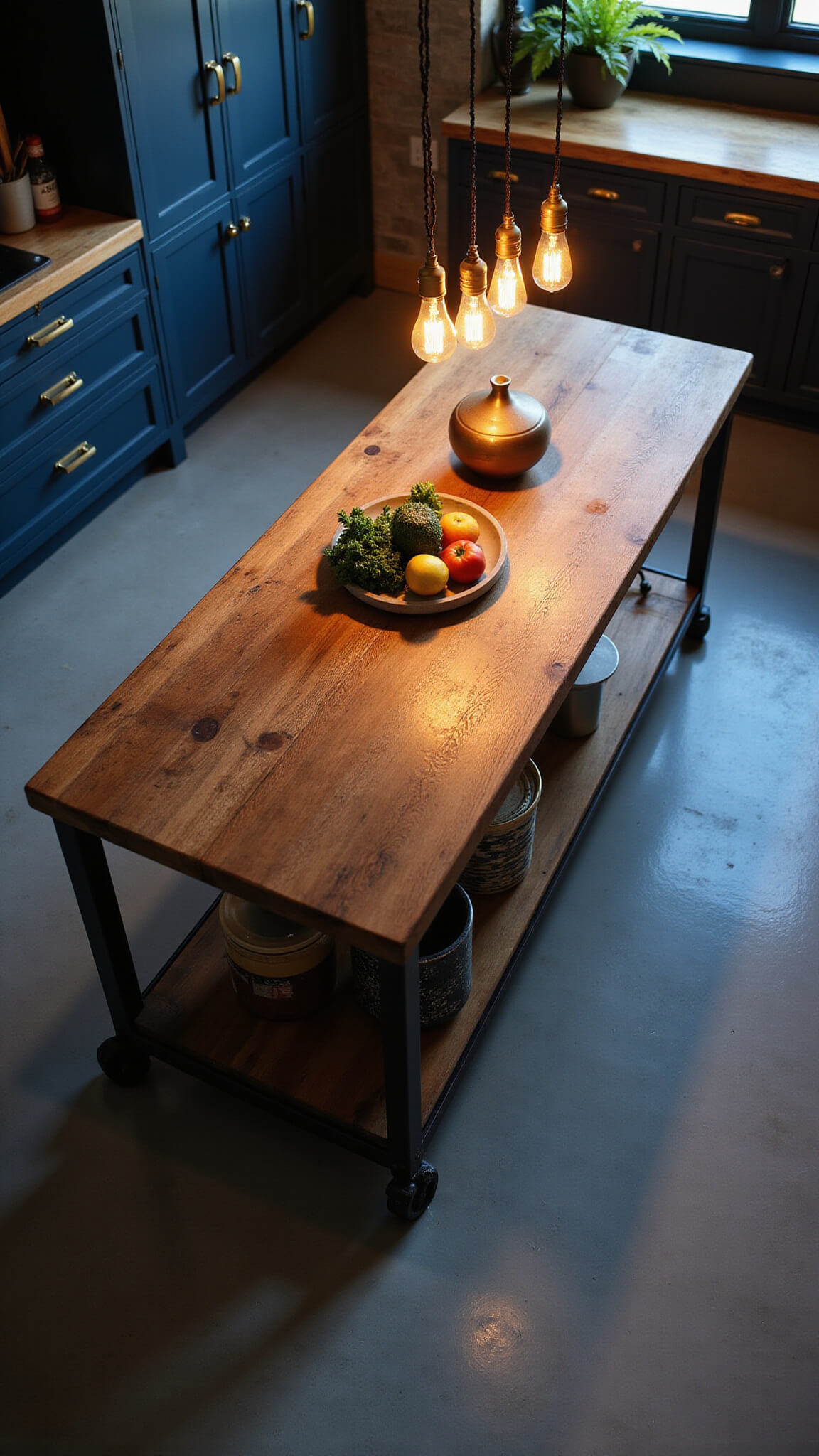 Overhead view of an 8ft kitchen island with butcher block top, black metal base on industrial wheels, warm Edison bulb lighting, navy cabinets with brass pulls, and styled cooking items in moody blue hour lighting.